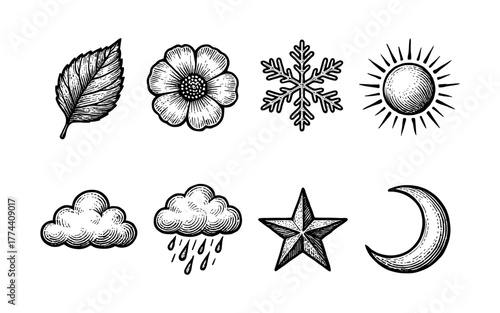 Vintage weather and nature icons collection: leaf, flower, snowflake, sun, clouds, rain, star, moon