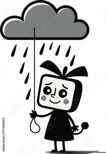 Sad cartoon girl holding a cloud umbrella in the rain with a melancholic expression