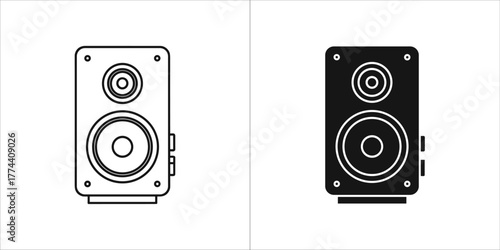 Two icons of a speaker, one outlined and one solid black