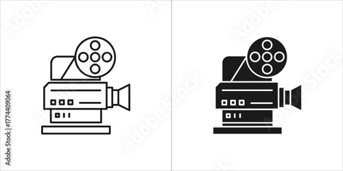 Two icons of a vintage film camera, one outlined and one solid black