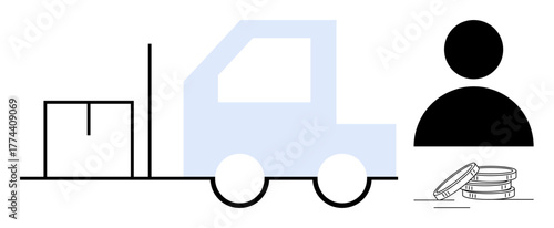 Forklift and box in motion, silhouette of person, stack of coins nearby. Ideal for logistics, shipping, warehouse, finance, cargo handling delivery services business planning. Simple flat metaphor
