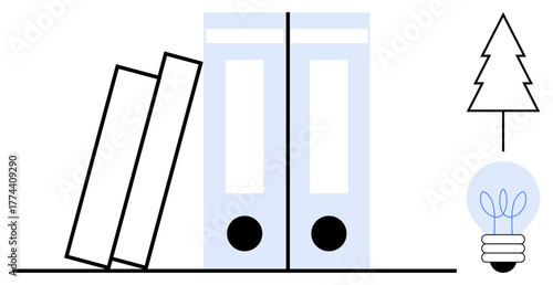 Two tilted books leaning on two file binders, accompanied by a tree outline and light bulb with leaves. Ideal for organization, creativity, nature, sustainability, knowledge, minimalism, simple flat