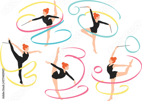 Five cartoon rhythmic gymnasts performing poses with colorful ribbons, black leotards, red hair buns, graceful movement, artistic gymnastics concept