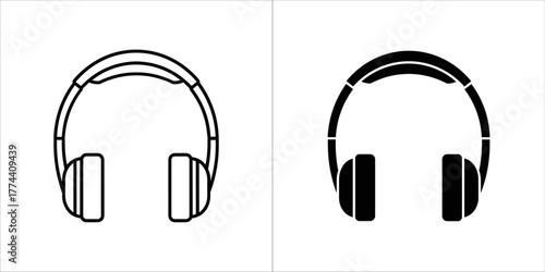 Two headphones, one outlined and one solid black, on a