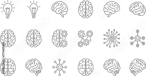 Brain and Mind Icon Set for AI and Innovation Concepts - Vector Line Icons of Human Brain for Psychology and Technology