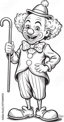 Vintage clown character holding a cane full body sketch with hat and bowtie