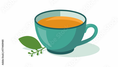 Aromatic Herbal Tea Illustration in Turquoise Cup with Fresh Green Leaf for Relaxation and Wellness