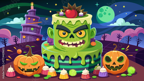 Very beautiful Frankenstein monster cake designed for Halloween celebrations, featuring green frosting, candy eyes, and spooky decorations, creating a fun and festive dessert centerpiece.