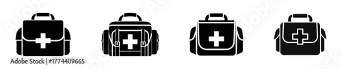 Set of four black first aid kit icons with white cross symbols, isolated on a white background, showing different bag designs.