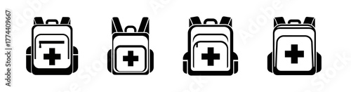 Four first aid kit backpacks with a white cross on a black background.