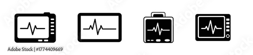 A collection of four black and white icons representing medical heart rate monitors with ECG pulse lines.