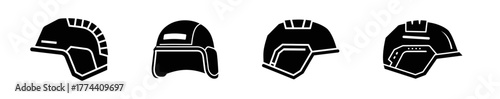Four black helmet icons, each with a different design, suitable for construction or safety.