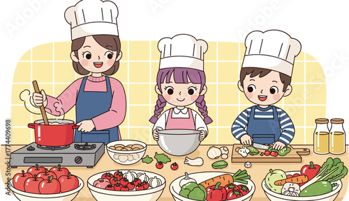 Happy family cooking together in kitchen, children learning healthy food preparation, teamwork, fresh vegetables, nutrition education, culinary fun, home lifestyle illustration