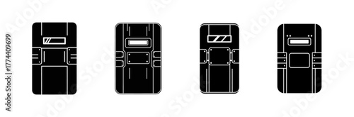 Four black riot shields with rounded corners and different visor designs, presented in a row against a white background.