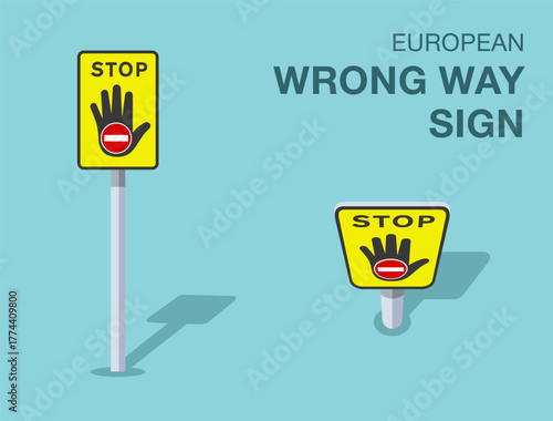 Traffic regulation rules. Isolated european "wrong way" road sign. Front and top view. Flat vector illustration template.