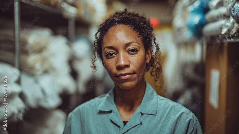 Fototapeta premium Image of a woman working in a dry cleaning storage area with neatly folded laundry prepared for delivery in the background