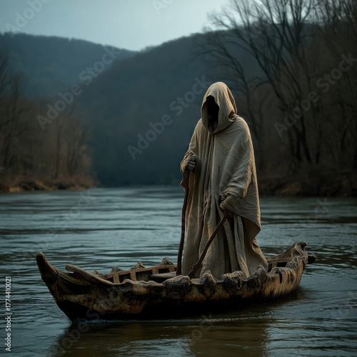 Hyper-realistic animation of a solemn ferryman in a cloak guiding a boat across calm dark water