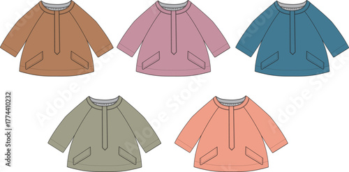 Collection of five long-sleeved tunic tops in various pastel colors, showcasing different styles and designs