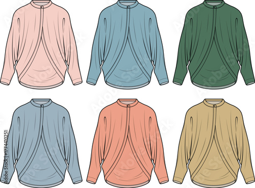 Six different colored draped cardigans for women fashion illustration