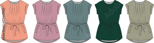Fashion Illustration Collection of Colorful Tunic Tops with Drawstring Waist and Cap Sleeves