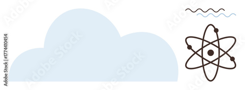 Cloud shape, atom model, and wave patterns combine to signify technology, innovation, science, computing, research, education and connectivity. Ideal for futuristic themes simple flat metaphor