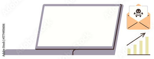 Laptop with blank screen beside malware email icon and graph symbolizing increasing cybersecurity threats. Ideal for tech, security, data protection, online safety, antivirus action, workplace
