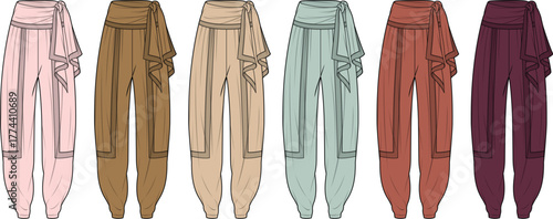 Set of women's draped harem pants in multiple colorways, a technical fashion flat sketch template for apparel design and clothing manufacturing
