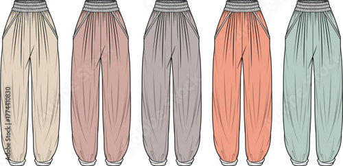 A Collection of Fashionable Women's Jogger Pants in Various Pastel Hues