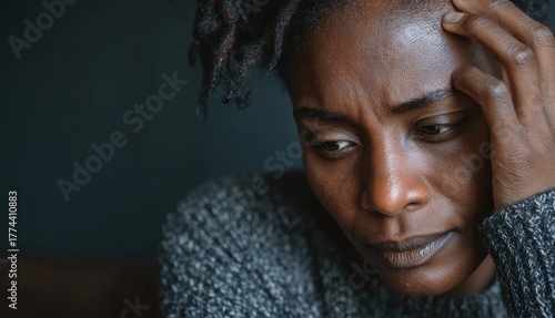 Despondent divorced African single mother struggles to afford rent clutching her head in distress over financial issues