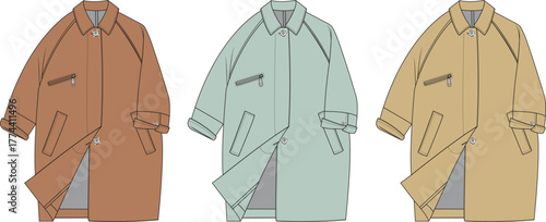 Stylish flat vector illustrations of modern trench coats in a versatile color palette, ideal for fashion design and clothing brand presentations