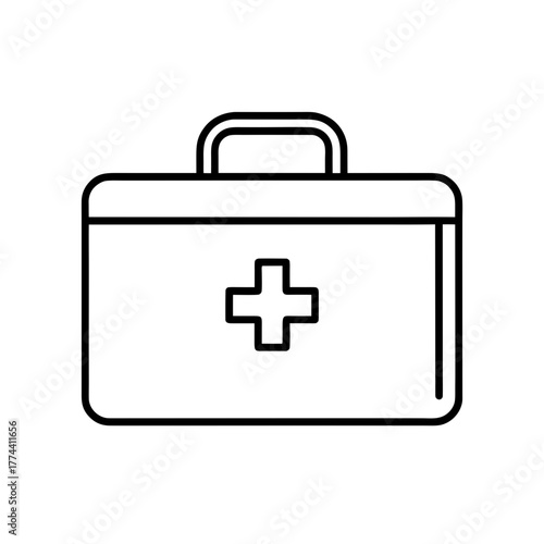 Outline drawing of a first aid kit with a handle on transparent background