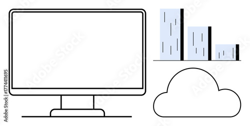 Monitor screen, bar chart, cloud symbol representing technology, data analysis, cloud storage, business growth, remote access, digital transformation. Ideal for tech business and innovation themes