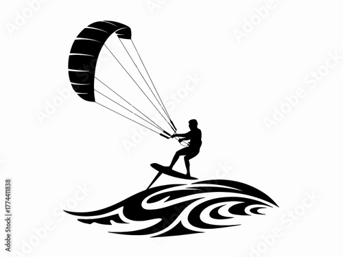 Silhouette of Kitesurfer Riding the Waves A Thrilling Water Sport Adventure Isolated on White