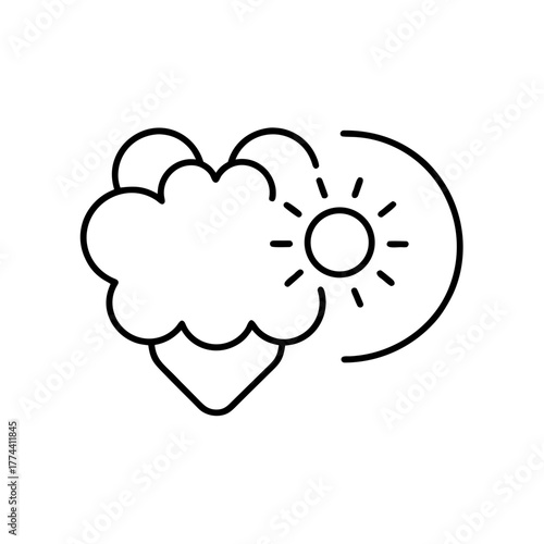 Line drawing of a cloud obscuring the sun behind it on transparent background