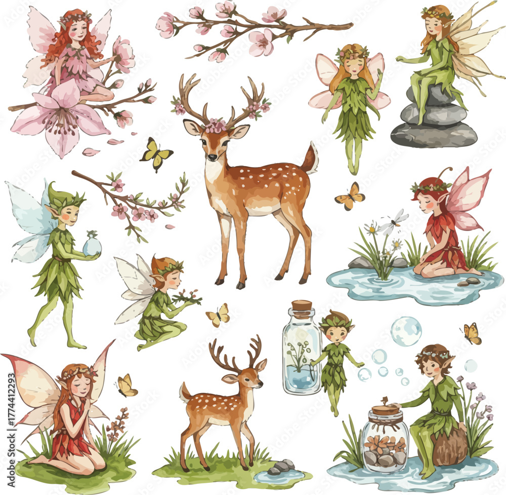 Naklejka premium Watercolor forest scene with fairies and deers