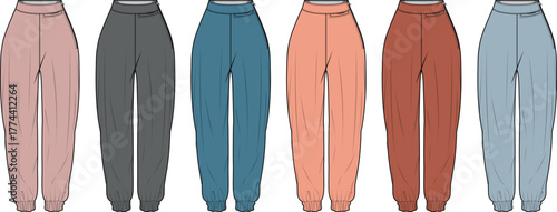 Diverse collection of women's relaxed fit jogger pants in various colors, presented as technical fashion flat sketches for apparel design and production templates, showcasing modern casual wear