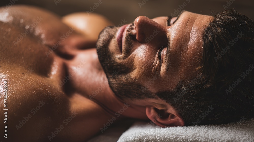 Naklejka premium Attractive man relaxing in a spa with a deep tissue back massage