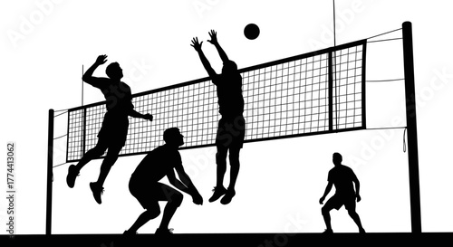 Silhouetted volleyball players engaged in a competitive match, spiking the ball.