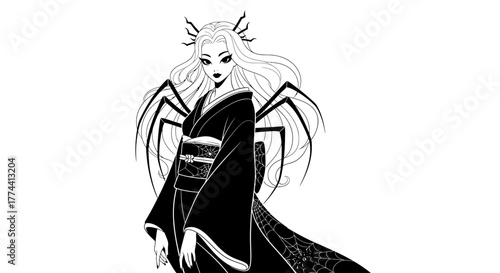 A stylized illustration depicts a woman with spider-like features, wearing a kimono.