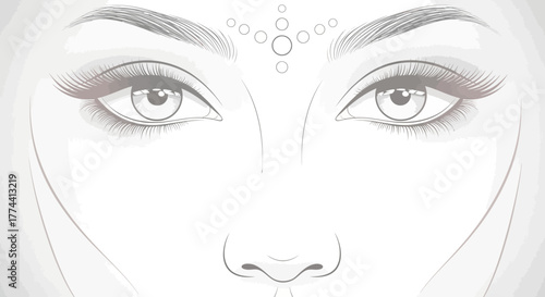 Detailed sketch of a woman's face focusing on her eyes, eyebrows, nose, and forehead decoration.