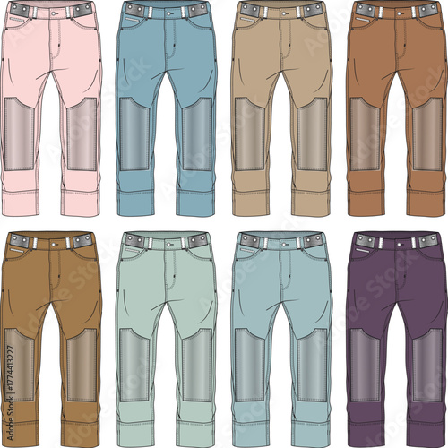 Versatile Collection of Modern Utility Pants Eight Illustrations of Reinforced Knee Apparel in Diverse Colors for Durable and Fashionable Workwear Designs