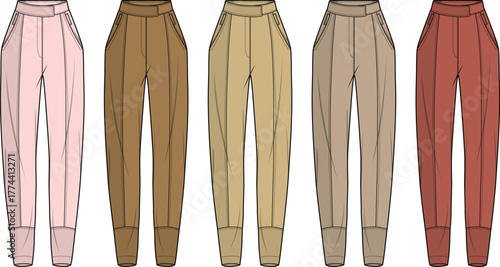Set of women's high-waisted jogger pants in a neutral earth tone color palette. A fashion technical flat sketch vector illustration for apparel design