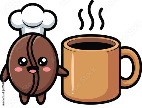 Cute Kawaii Coffee Bean Chef Character with Hot Mug Vector Illustration