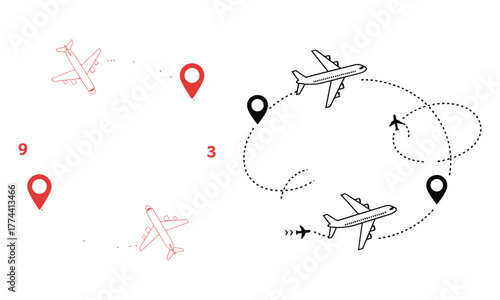 Airplane route pins with dotted lines showing travel paths