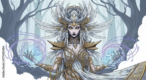 Fotografie Fantasy illustration of a woman with a crown, casting spells with glowing orbs in a forest setting