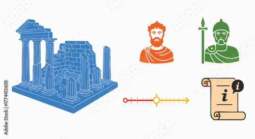 Ancient history timeline icons with Roman architecture figures scroll vector illustration flat design antiquity emperor soldier parchment info ruin