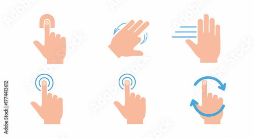 User interface gestures for touch screen devices flat design tap swipe rotate click zoom scroll vector illustration flat design digital technology graphic