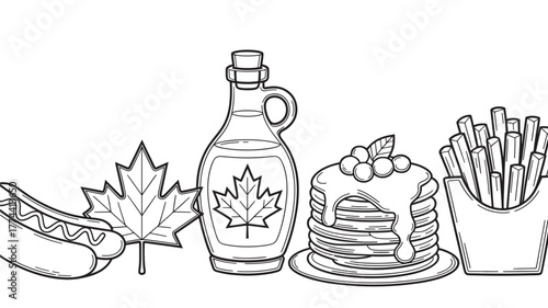 Canada Day line art illustration featuring hot dog maple leaf maple syrup pancakes and french fries vector design element isolated on white background