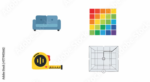 Home design essentials sofa color palette measuring tape 3D grid vector illustration flat design interior decoration planning icons architecture