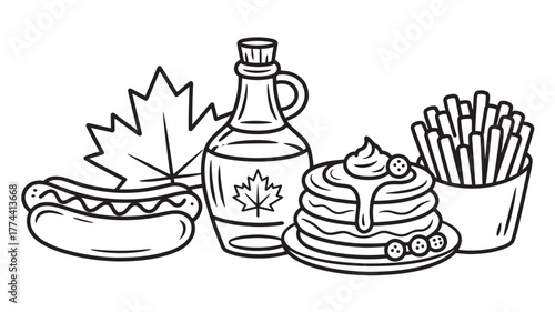 Canadian food icons in outline style featuring maple syrup pancakes hot dog and french fries vector illustration isolated on white